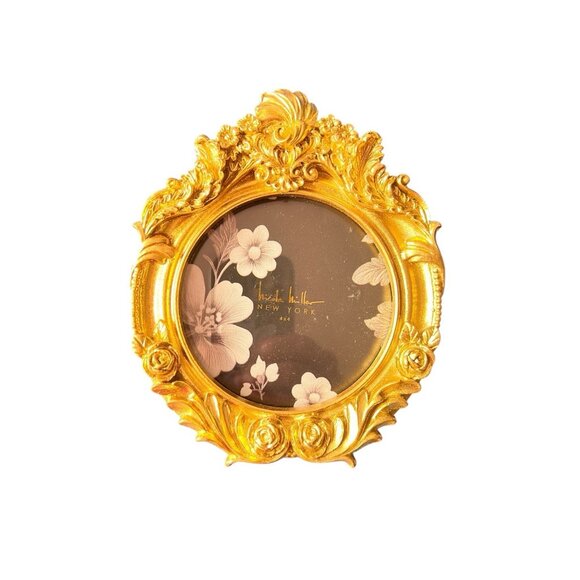Nicole Miller NY Roses & Feathers Mini Frame 4 x 4 Round Photo Gold Baroque - Picture 3 of 8